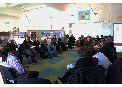 Members of Neighborhood Connections Grassroots Grantmaking Committee speak with Neighborhood Allies GGC in Cleveland, OH.